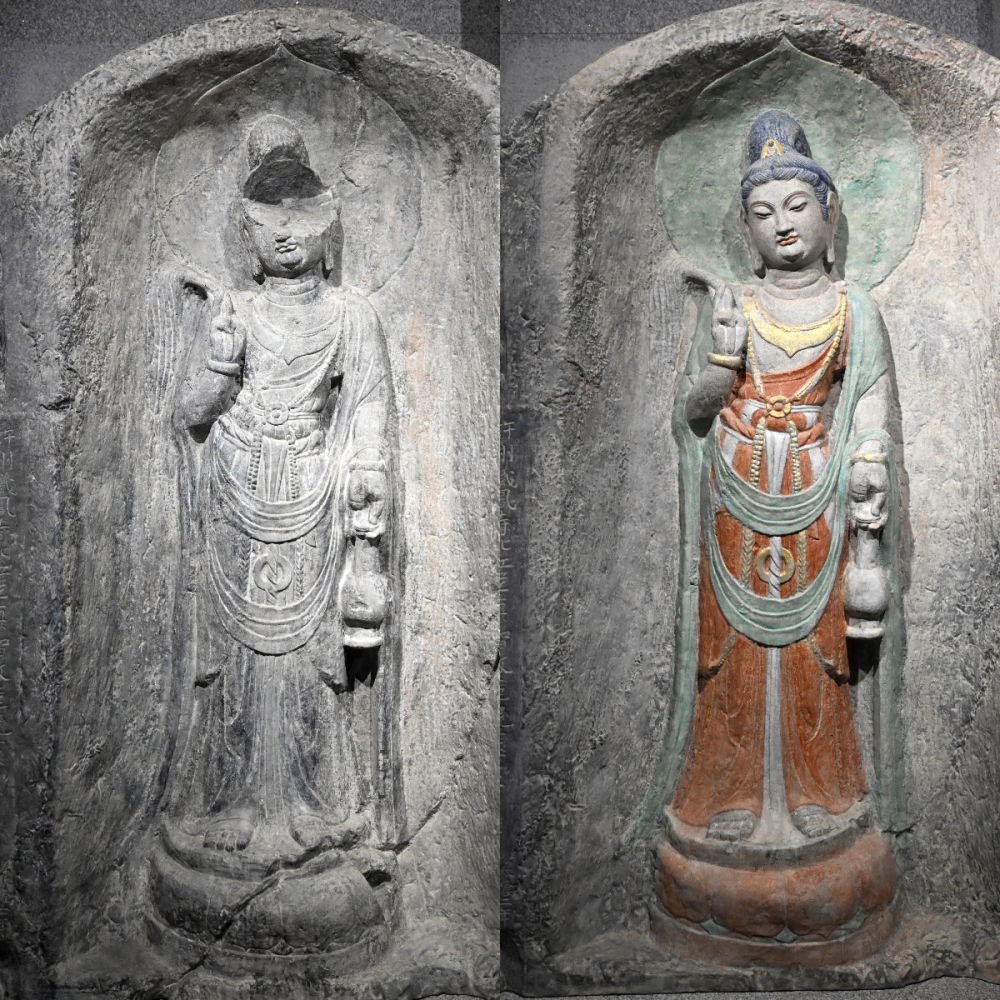 左圖為龍門石窟萬佛洞窟前南壁菩薩造像的3D打印模型；右圖為利用數字化技術復原后的3D打印模型（2025年4月10日攝，拼版照片）。復原后的像龕精妙絕倫，栩栩如生，被游客譽為“龍門最美菩薩”。圖片來源新華社