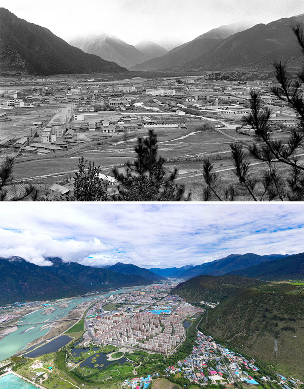 拼版照片：上圖是20世紀(jì)90年代的西藏林芝八一鎮(zhèn)；下圖是2021年7月20日拍攝的西藏林芝八一鎮(zhèn)風(fēng)貌。