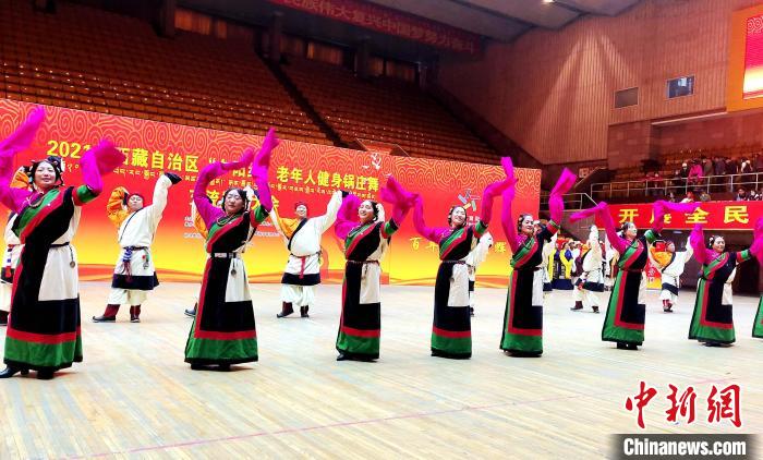 圖為西藏老年舞蹈隊(duì)齊跳傳統(tǒng)鍋莊舞。　貢桑拉姆 攝